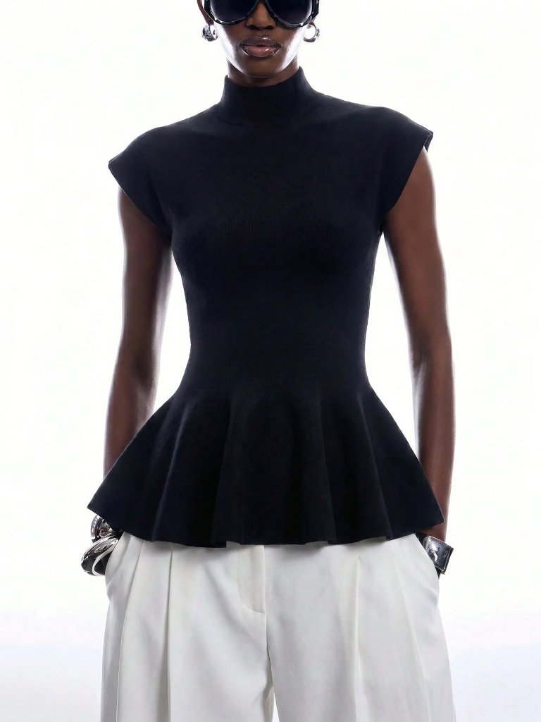 Black Casual Women's Stand Collar Cap Sleeve Ruffle Hem Knit Top